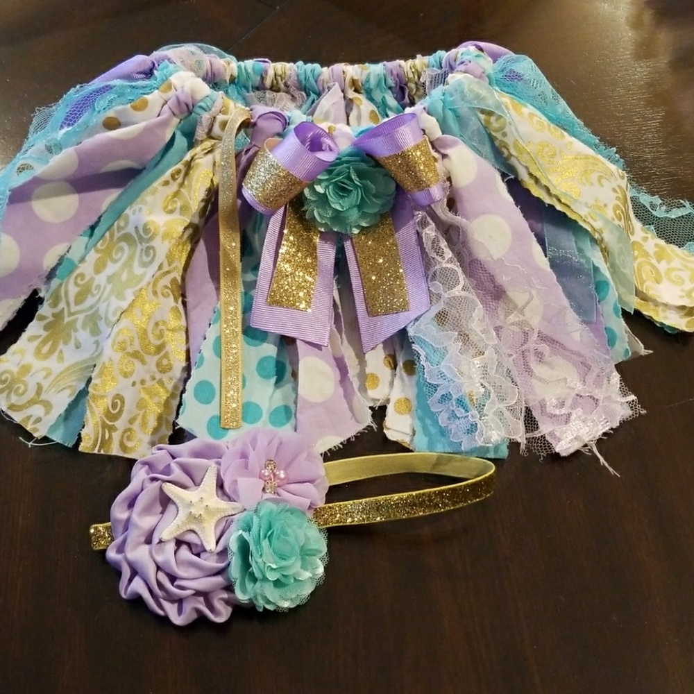 Purple blue and gold ribbon skirt with headband